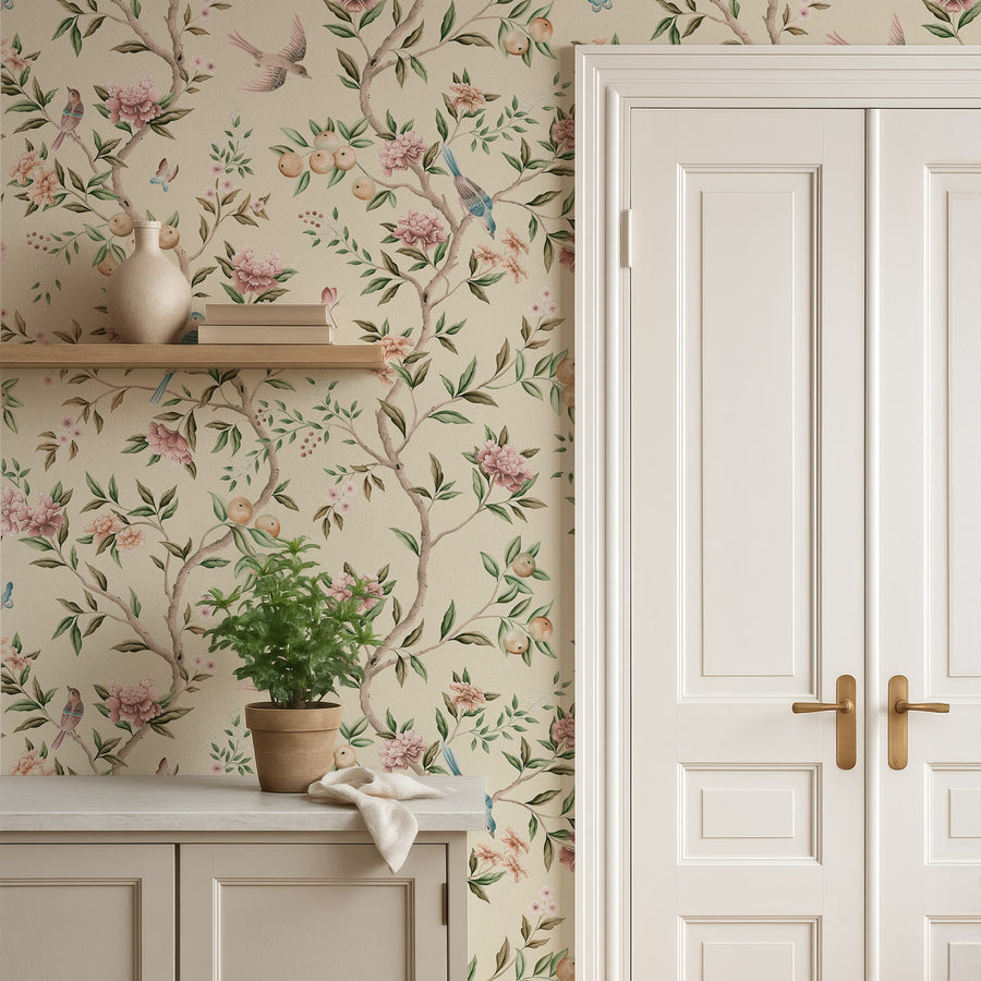 Console with wall shelf and potted plant beside white double doors featuring Chinoiserie Floral Garden Bird Wallpaper Blush Cream