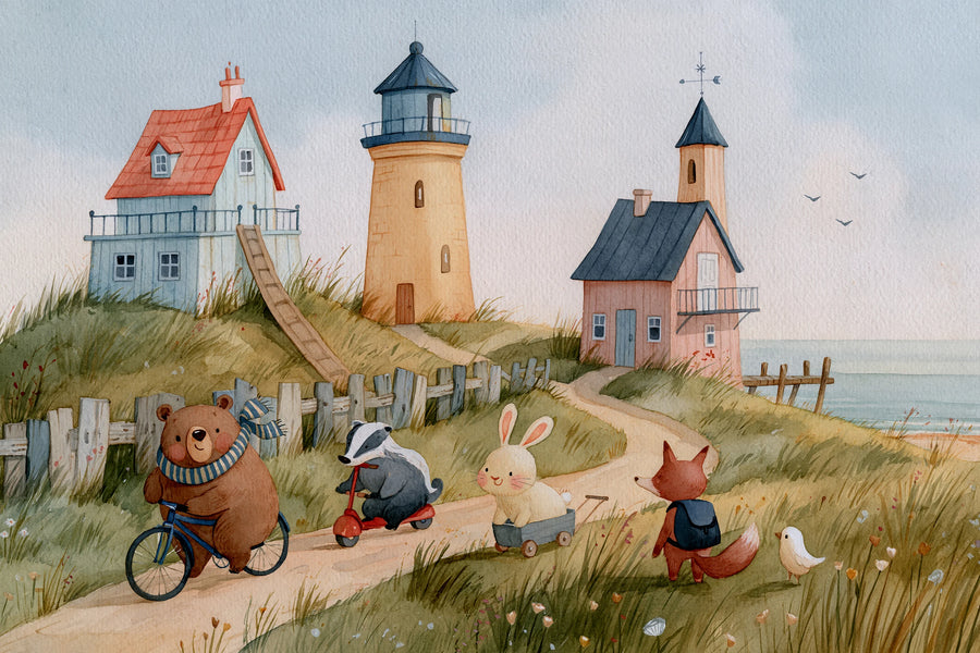 Full watercolor coastal mural with a lighthouse, seaside cottages on the dunes, and a bear on a bicycle with a badger, bunny and fox