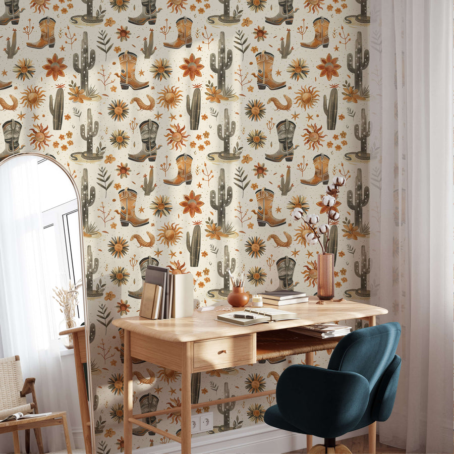 Western Desert Wallpaper | Cowboy Boots and Cacti Peel and Stick Wallpaper