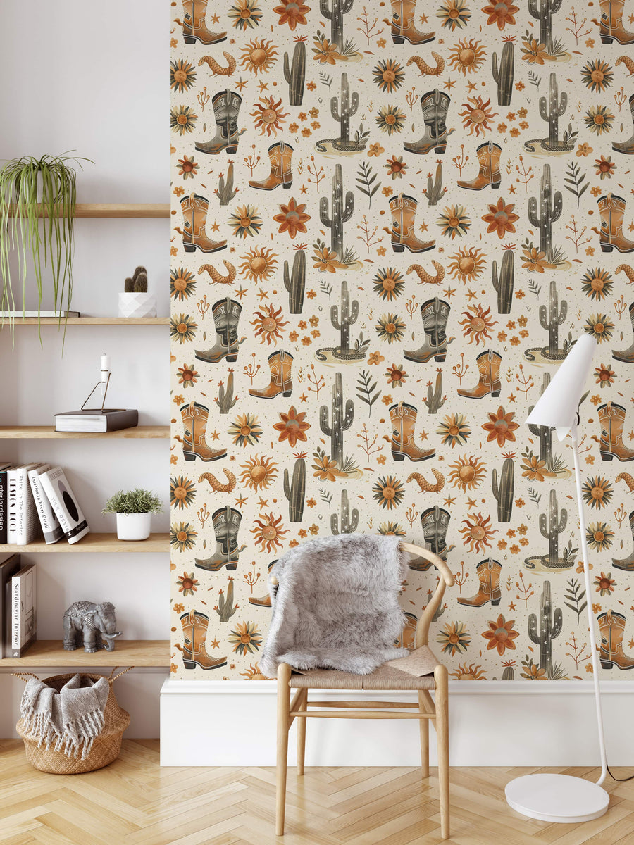 Western Desert Wallpaper | Cowboy Boots and Cacti Peel and Stick Wallpaper