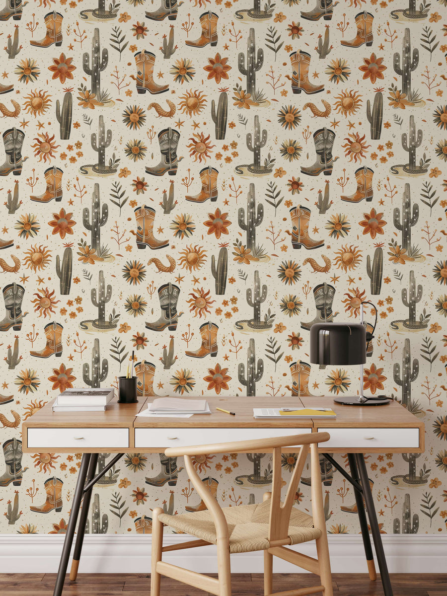 Western Desert Wallpaper | Cowboy Boots and Cacti Peel and Stick Wallpaper