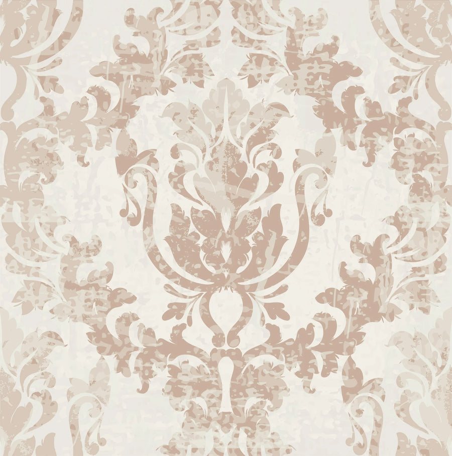 Cream damask wallpaper pattern with an ornate beige and brown rococo motif and faded texture