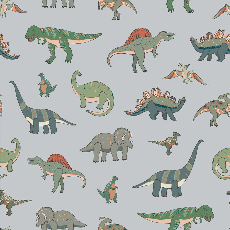Baby blue cartoon dinosaur wallpaper pattern with a green T-Rex, spinosaurus, stegosaurus, brachiosaurus, triceratops and pteranodon