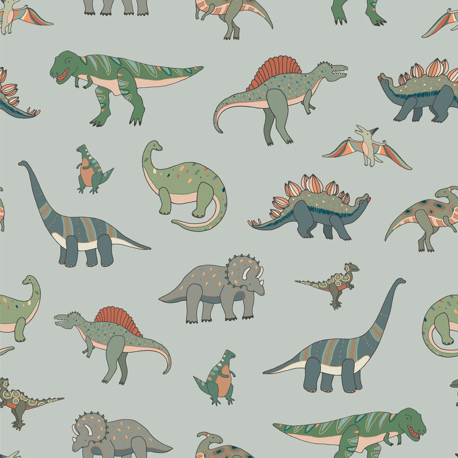 Sage green cartoon dinosaur wallpaper pattern with a green T-Rex, spinosaurus, stegosaurus, brachiosaurus, triceratops and pteranodon