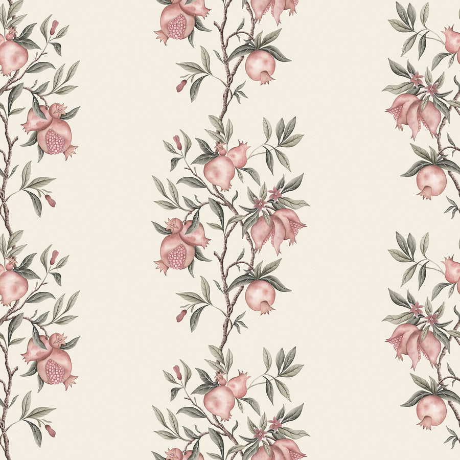 Elodie Chinoiserie Pomegranate Wallpaper Beige repeating pattern swatch 24W x 24H
