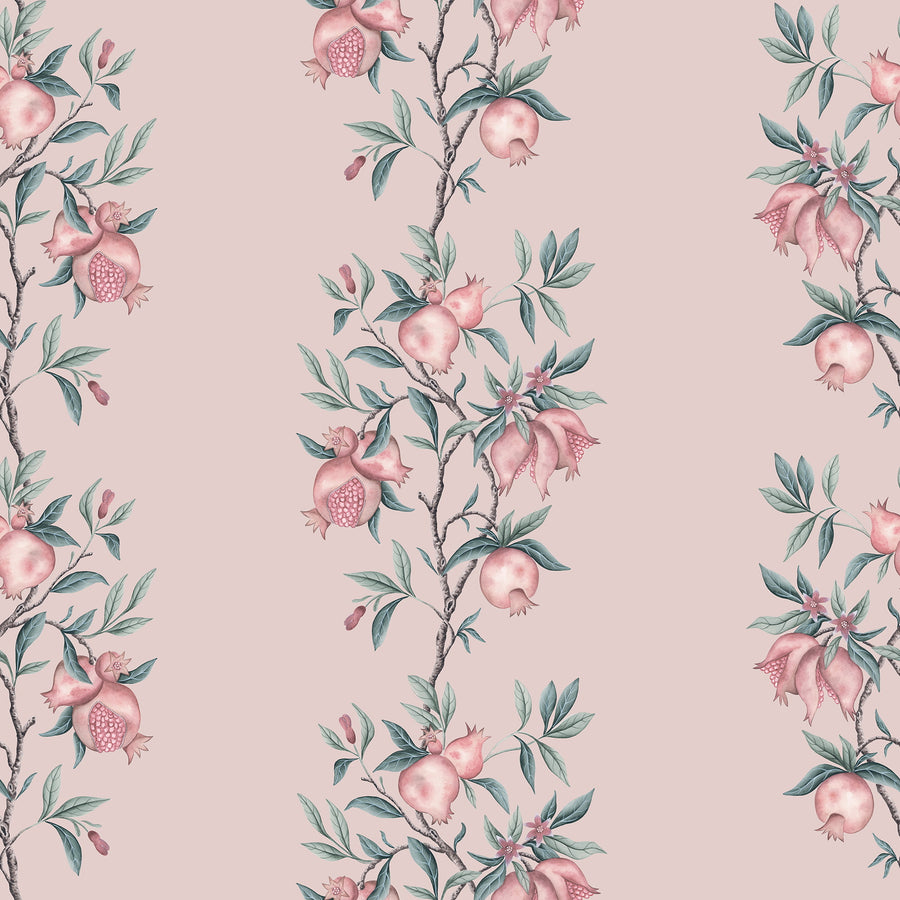 Elodie Pomegranate Chinoiserie Wallpaper Pink Sage repeating pattern swatch 24W x 24H