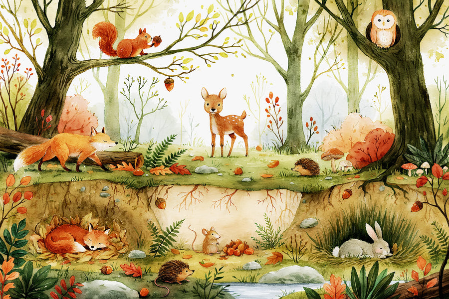 Full watercolor forest animals mural with a fox, fawn, squirrel and owl above ground and a sleeping fox, mouse and bunny in burrows below