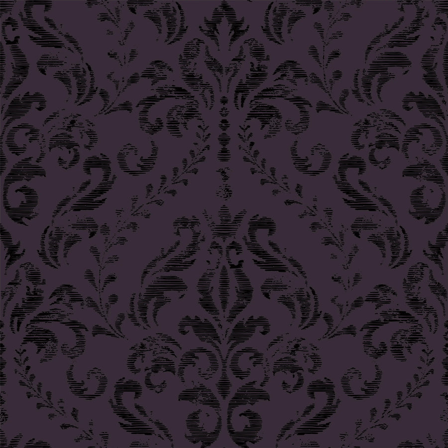 Gothic purple damask wallpaper pattern in black on deep aubergine with distressed texture