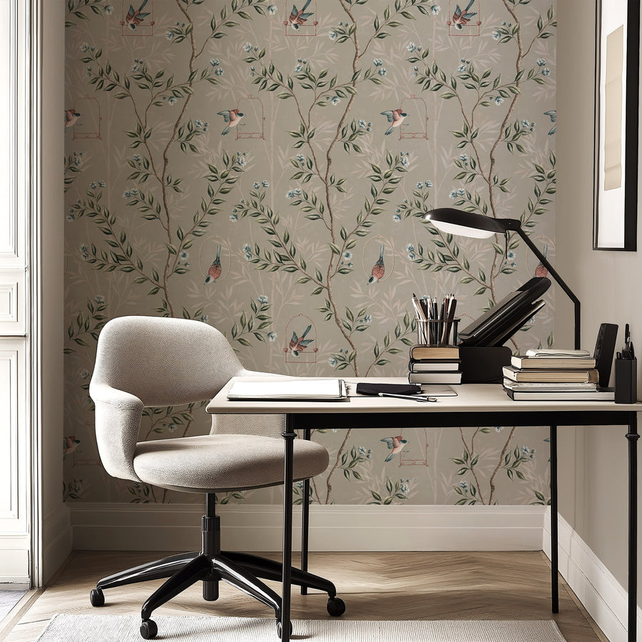 Home office with desk black task lamp and white chair featuring Gray Chinoiserie Pauline Wallpaper Birds Branches accent wall