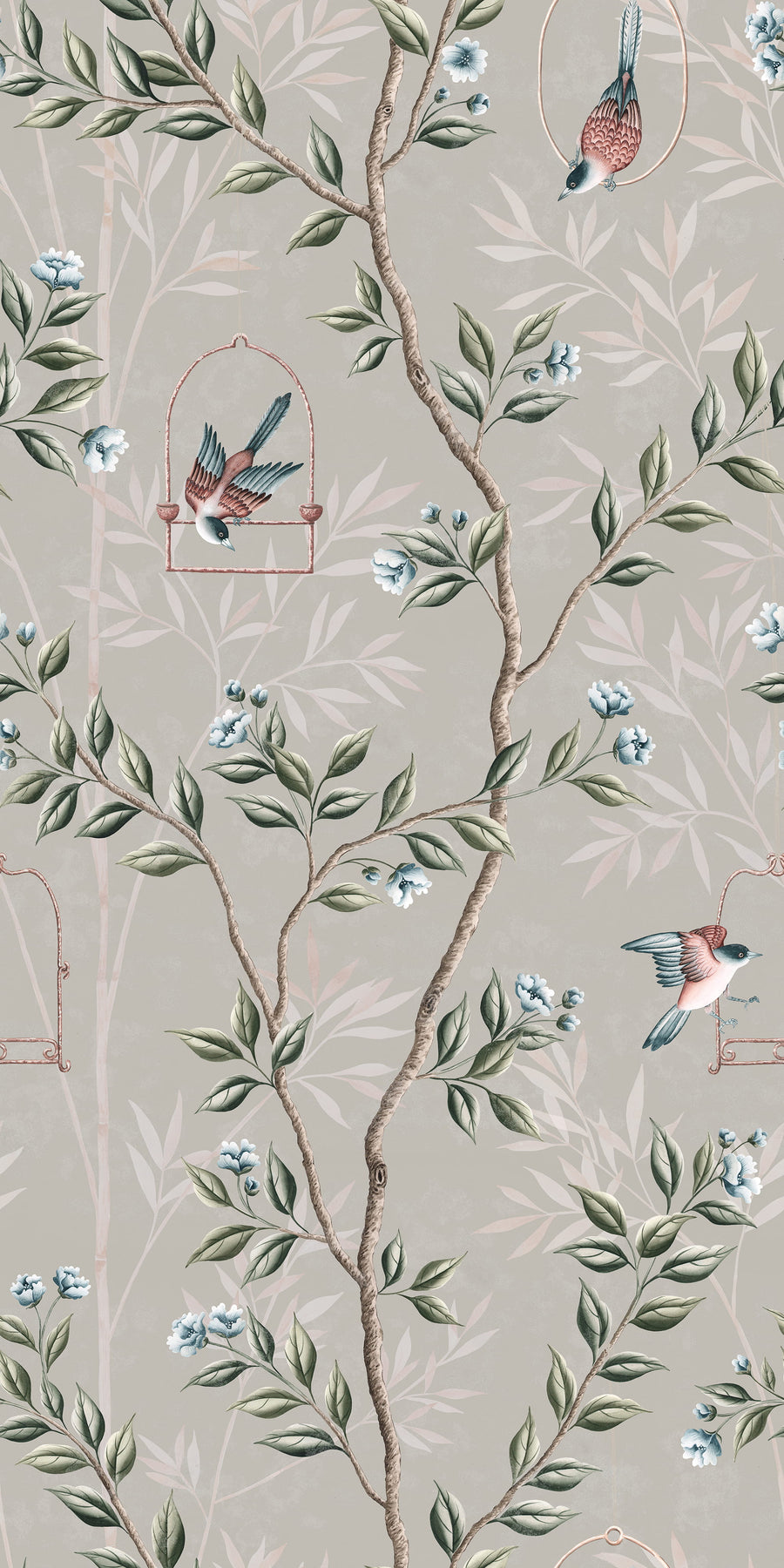 Gray Chinoiserie Pauline Wallpaper Birds Branches repeating pattern swatch 24W x 48H