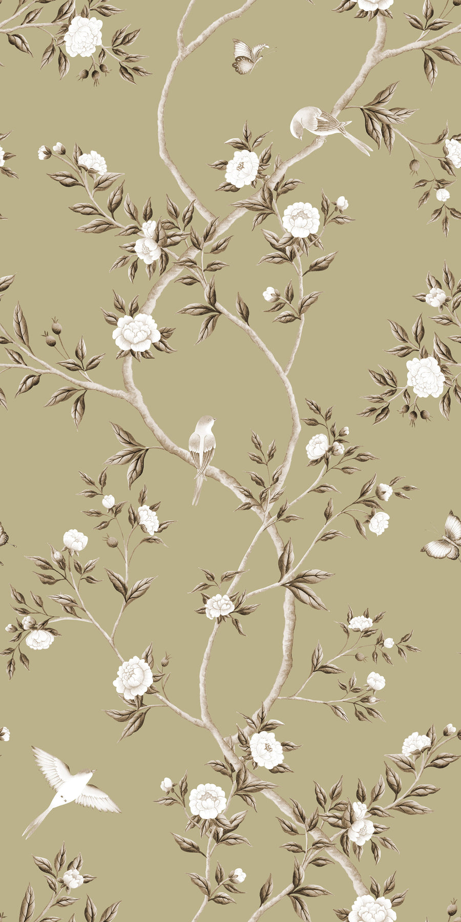 Green Chinoiserie Hemma Wallpaper Floral Garden Birds repeating pattern swatch 24W x 48H