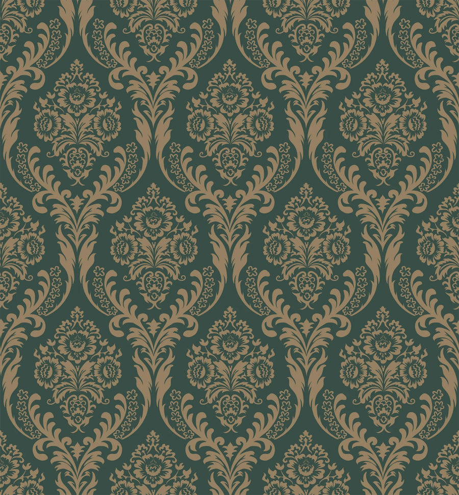 Green damask wallpaper pattern with ornate scrollwork and floral medallions in emerald and gold