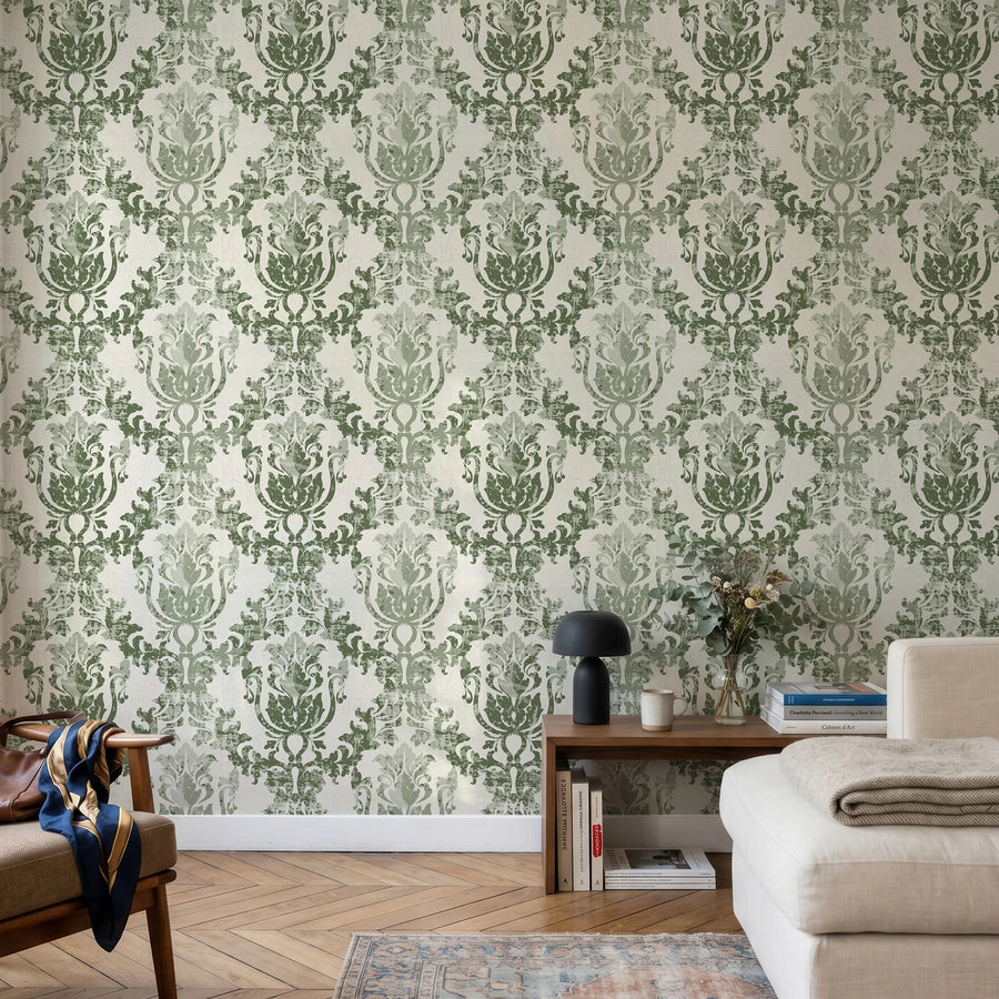 Sage green rococo damask wallpaper in a living room with neutral furniture