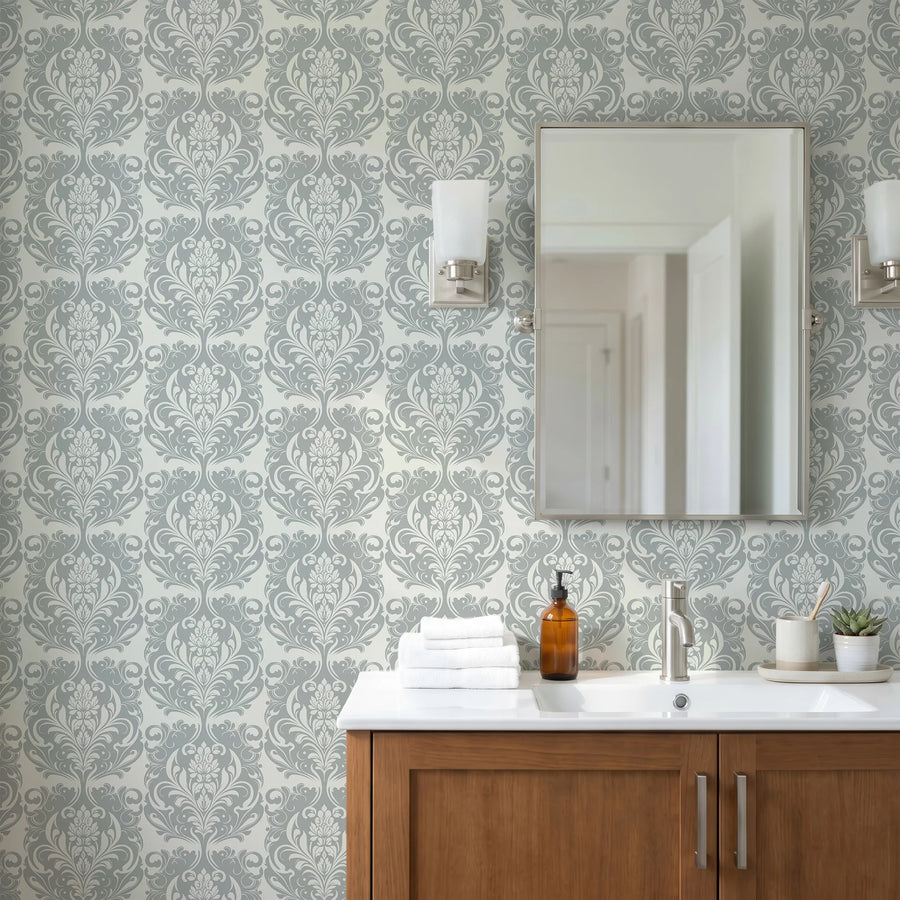 Imperial grey damask wallpaper in a bathroom with a wood vanity