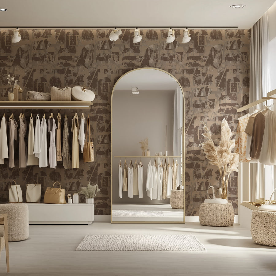 Stylish interior with Industrial Collage Typography Wallpaper Brown Taupe accent wall