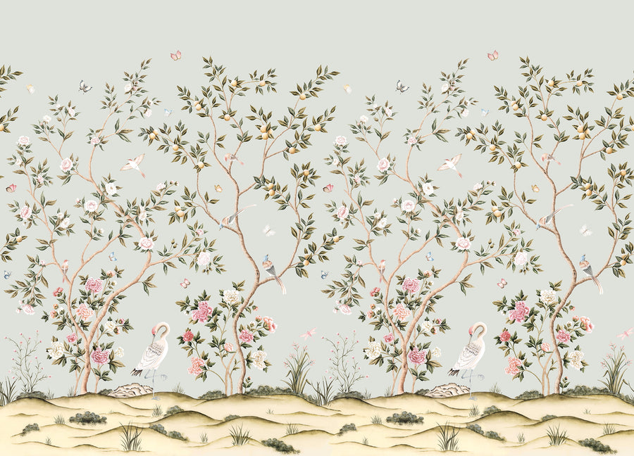 Light blue chinoiserie crane wallpaper mural with peonies, songbirds and butterflies