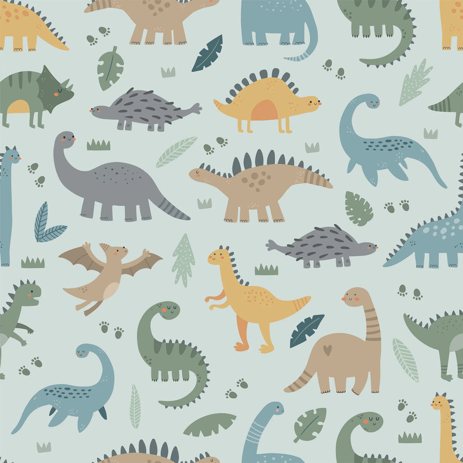 Light blue dinosaur wallpaper pattern swatch with cute sage, mustard, taupe and blue dinosaurs, leaves and footprints