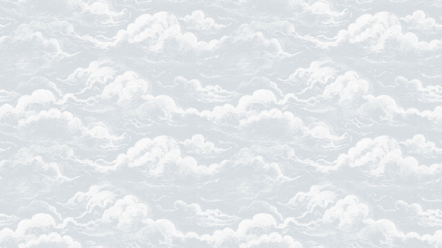 Light blue sky and clouds wall mural pattern with soft watercolor white clouds on pale blue
