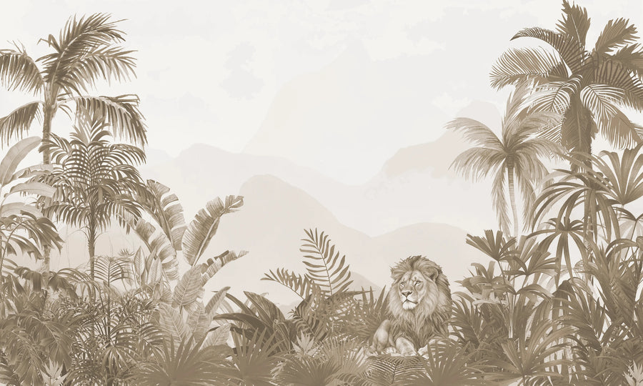 Full lion tropical jungle wall mural artwork with palms, misty mountains and a resting lion in sepia
