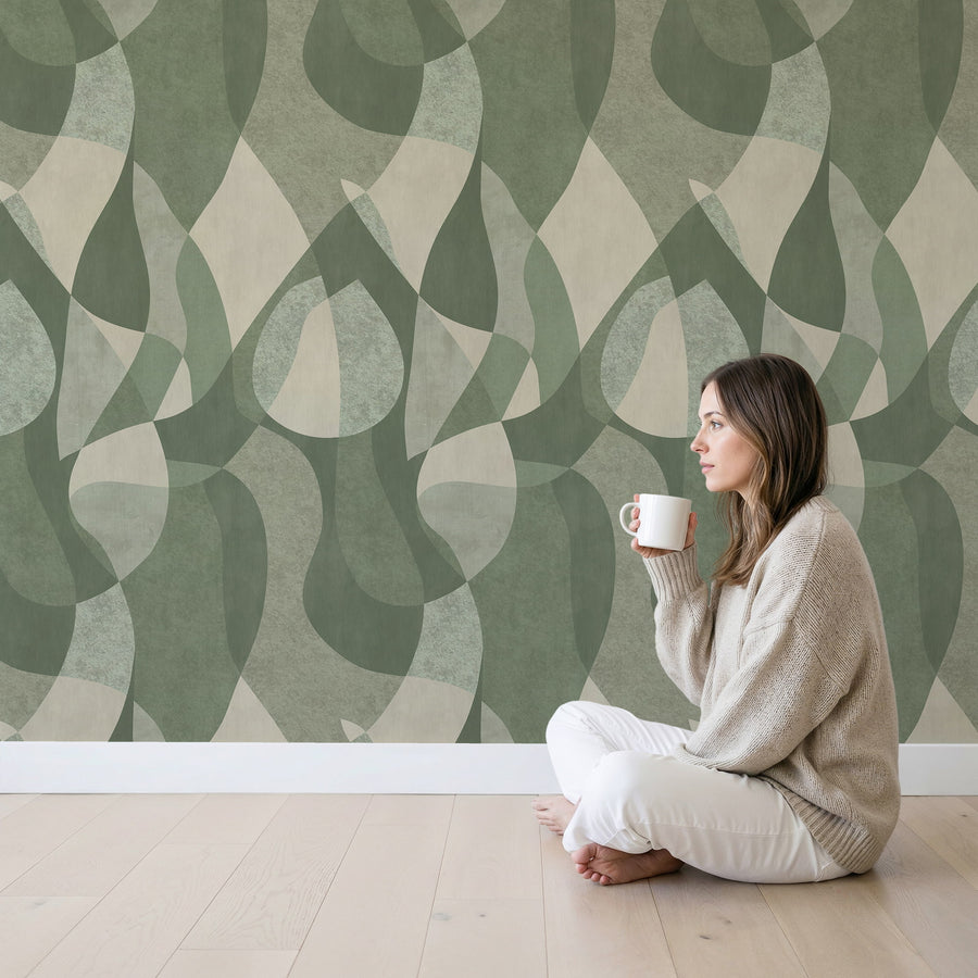 Modern living room with Mid-Century Abstract Curves Wallpaper Navy Slate Blue by Petra Kohlmayr