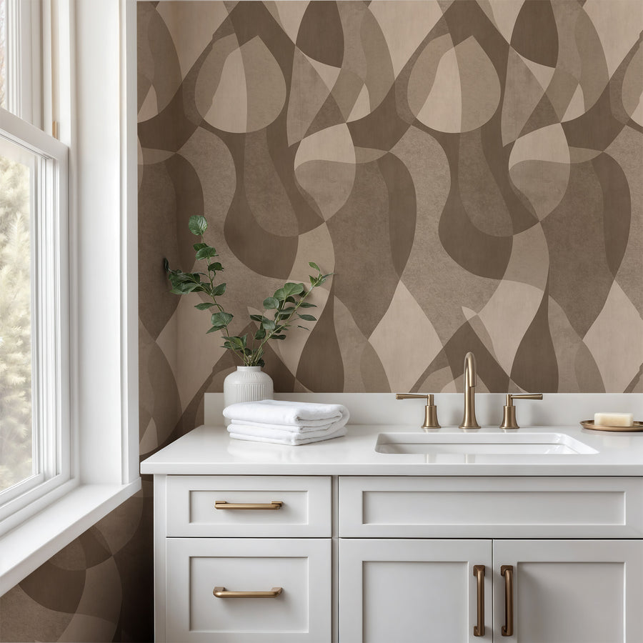 Modern living room with Mid-Century Abstract Curves Wallpaper Warm Tan Caramel by Petra Kohlmayr
