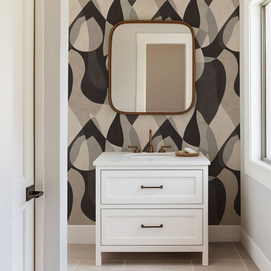 Stylish interior with Mid-Century Modern Abstract Shapes Wallpaper Espresso Taupe Grey accent wall
