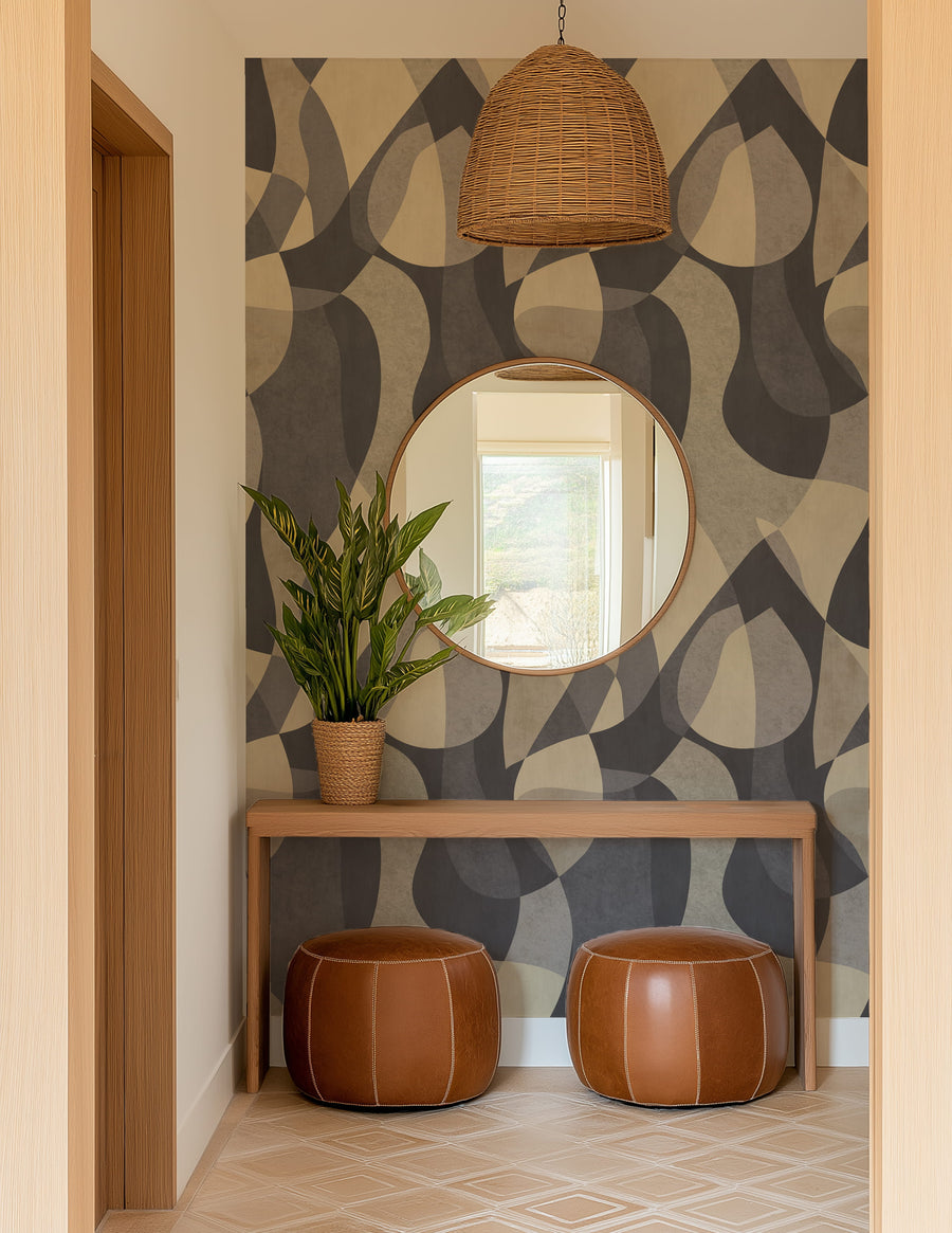 Close-up detail of Mid-Century Modern Geometric Curves Wallpaper showing overlapping forms in charcoal grey and sand