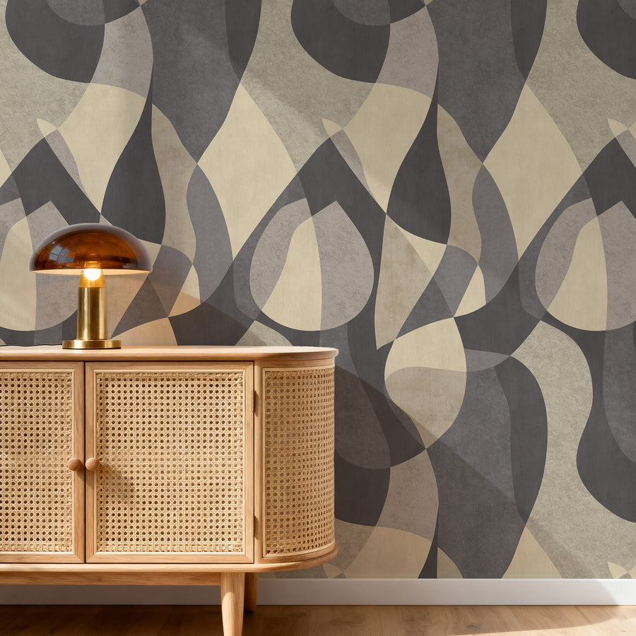 Modern living room with Mid-Century Modern Geometric Curves Wallpaper Charcoal Grey Sand by Petra Kohlmayr