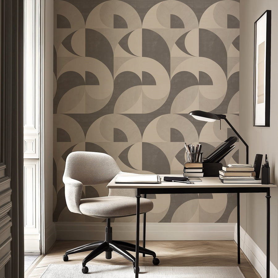 Home office with desk task lamp and office chair featuring Mid-Century Neutral Geometric Wallpaper Taupe Cream accent wall