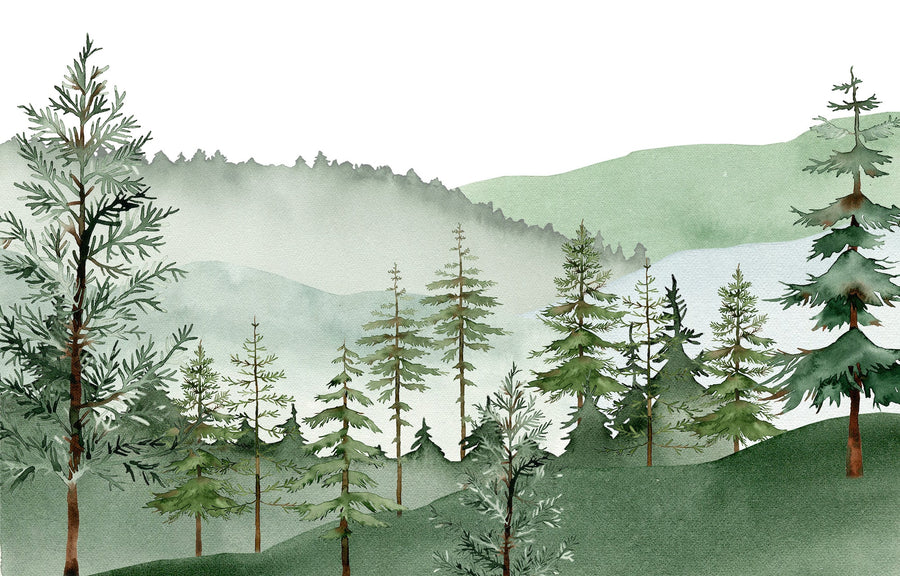 Misty green mountain mural in a playroom with a white teepee and rattan sideboard