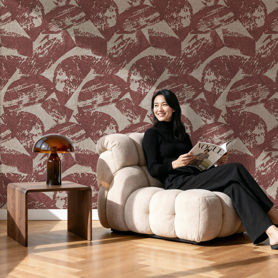 Living room with cream puffy sofa side table and lamp featuring Modern Abstract Wood Texture Wallpaper Burgundy Beige accent wall