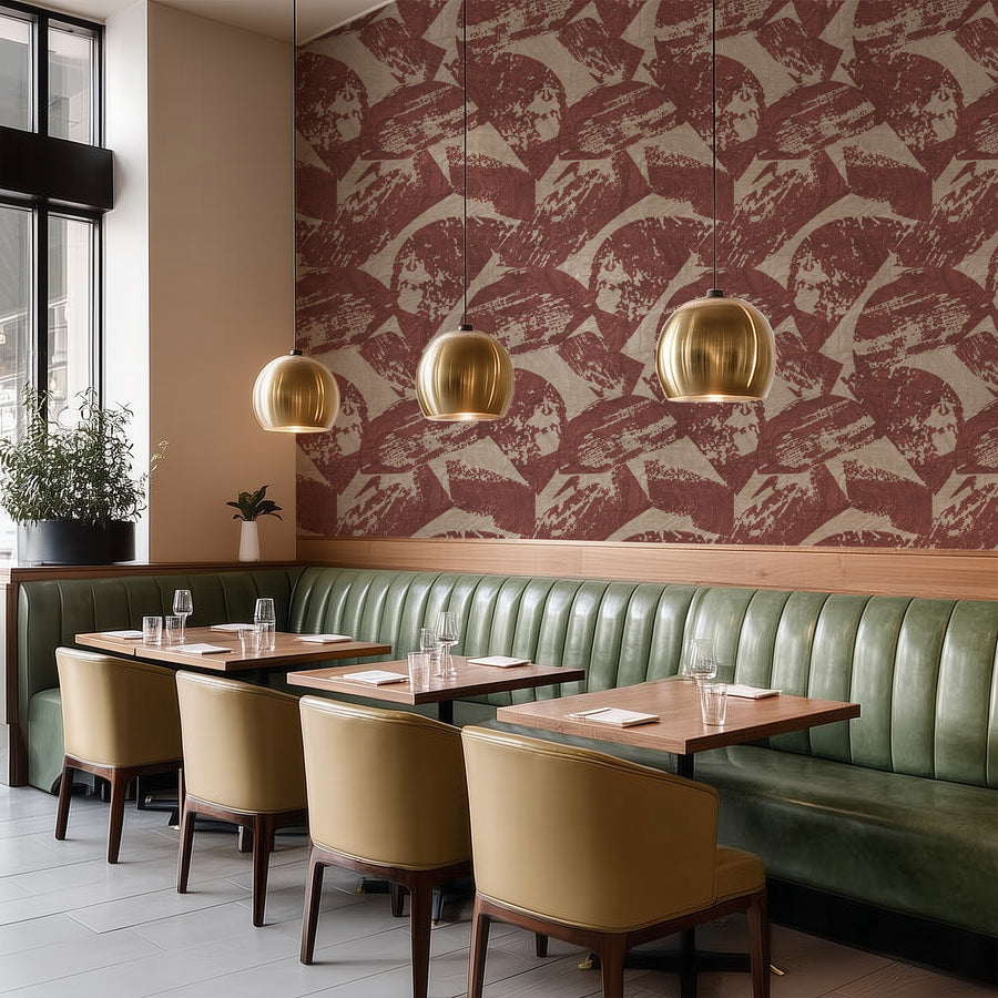 Restaurant banquette with olive green booth seating and wooden tables featuring Modern Abstract Wood Texture Wallpaper Burgundy Beige