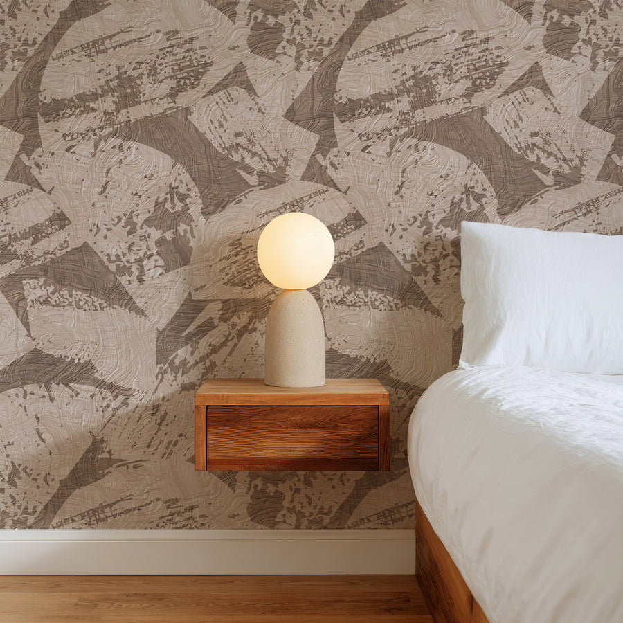 Modern bedroom with Modern Abstract Woodcut Wallpaper Brown Beige by Petra Kohlmayr