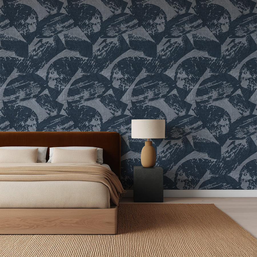 Bedroom with cream upholstered bed and nightstand lamp featuring Modern Wood Texture Wallpaper Navy Slate Grey accent wall
