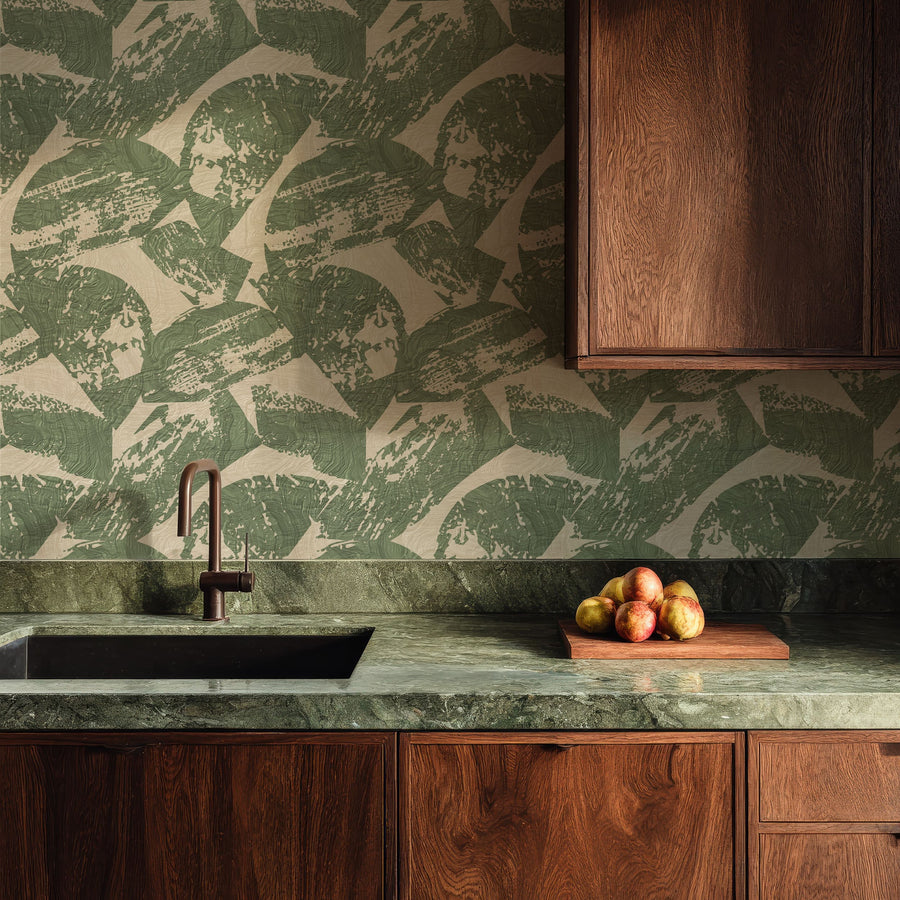 Modern kitchen with Modern Wood Texture Wallpaper Sage Green Beige by Petra Kohlmayr