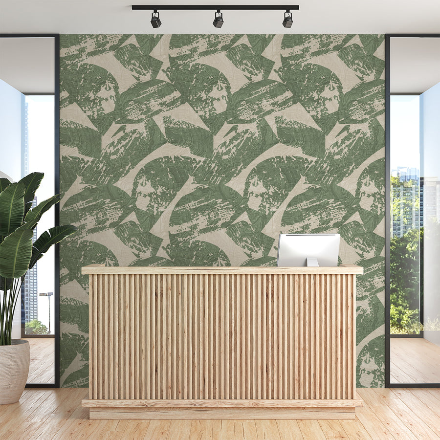 Office front desk with Modern Wood Texture Wallpaper Sage Green Beige accent wall