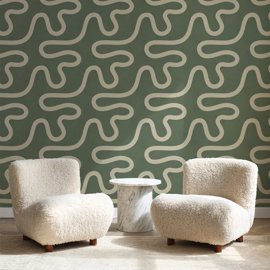 Close-up detail of Organic Flowing Line Wallpaper showing cream meandering line on sage green textured ground