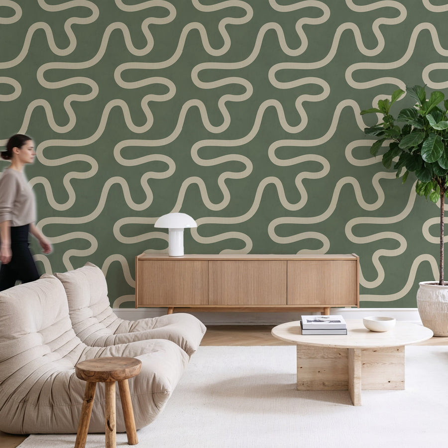 Modern interior with Organic Flowing Line Wallpaper Cream Sage Green by Petra Kohlmayr