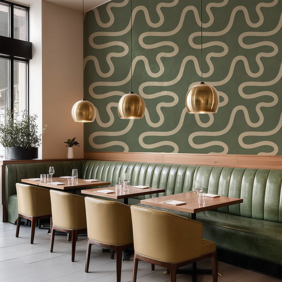 Stylish interior with Organic Flowing Line Wallpaper Cream Sage Green accent wall