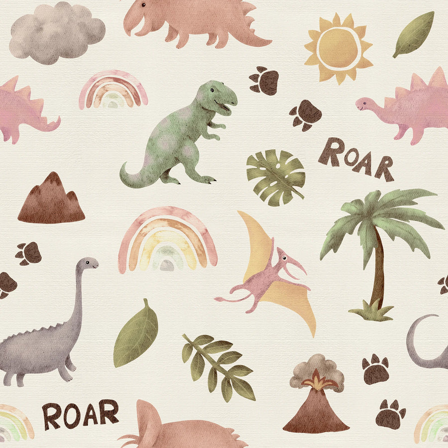 Pastel dinosaur and rainbow wallpaper pattern with blush pink and sage dinosaurs, rainbows, suns, palm trees, volcanoes and ROAR lettering on cream
