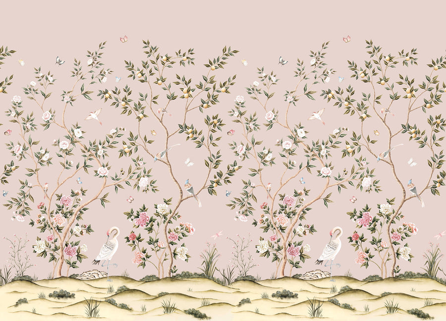 Blush pink chinoiserie crane wallpaper mural with peonies, songbirds and butterflies