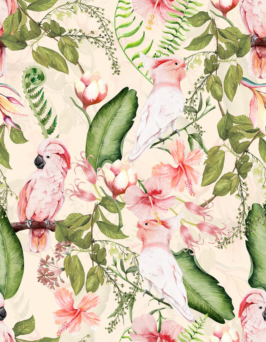 Pink cockatoo exotic tropical wallpaper pattern with hibiscus, banana leaves and watercolor blooms on cream