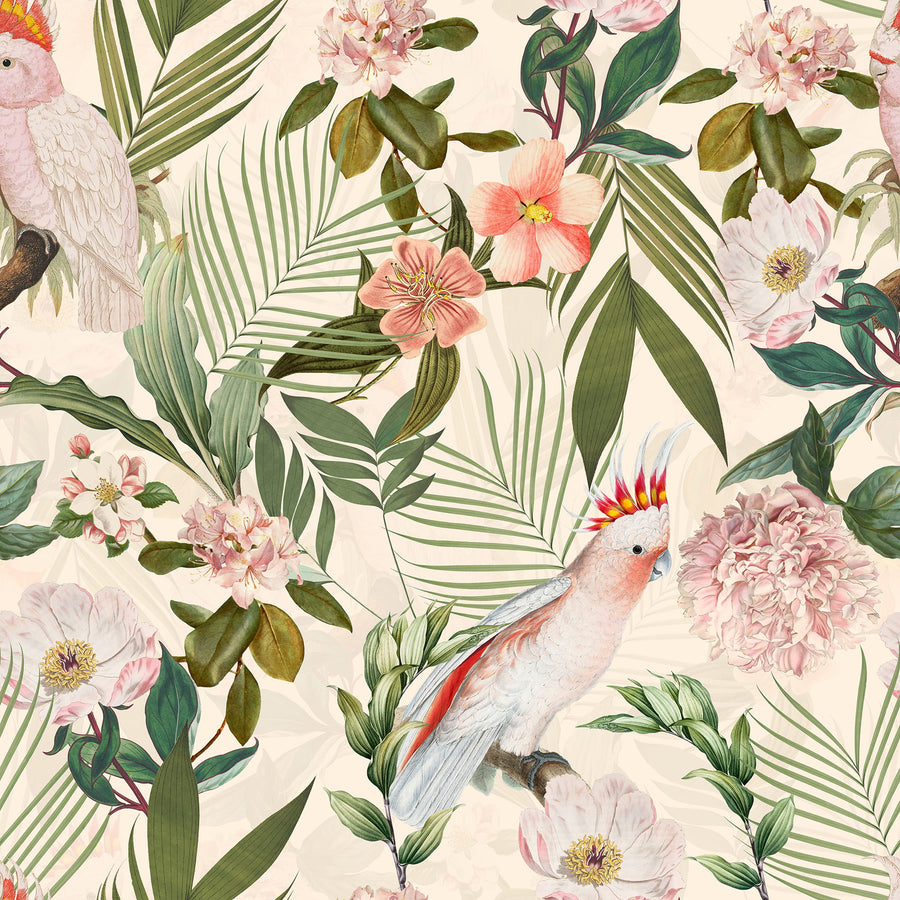 Pink cockatoo tropical floral wallpaper pattern with peonies, hibiscus and palm leaves on cream