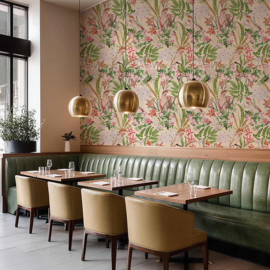 Pink parrots and green fern tropical wallpaper in a pantry with cabinets