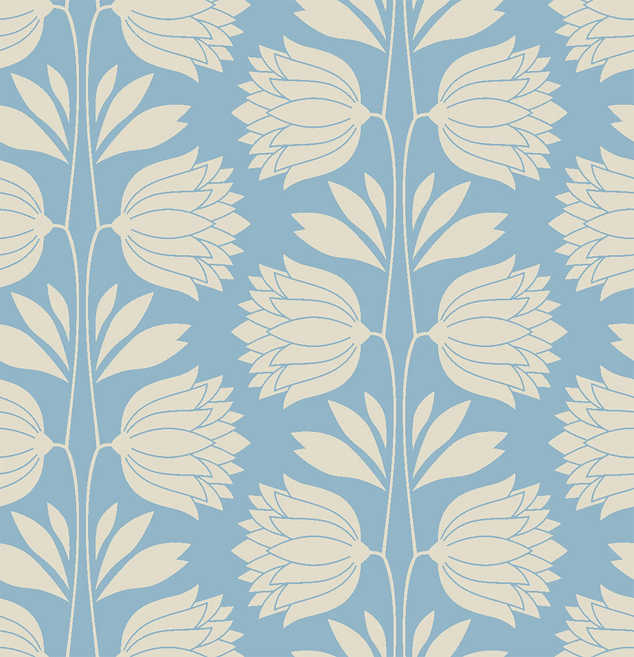 Blue Floral Vintage Wallpaper - Elegant Cream Flower Pattern