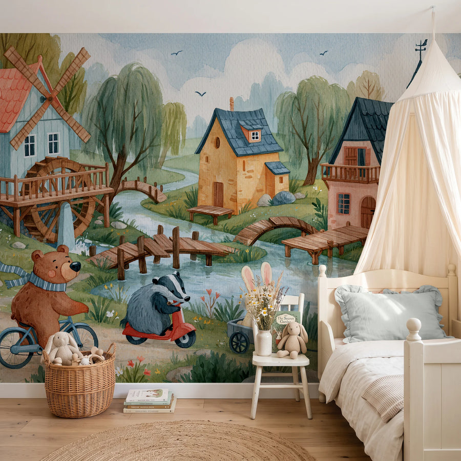 Storybook village windmill mural behind a canopy bed in a child's bedroom