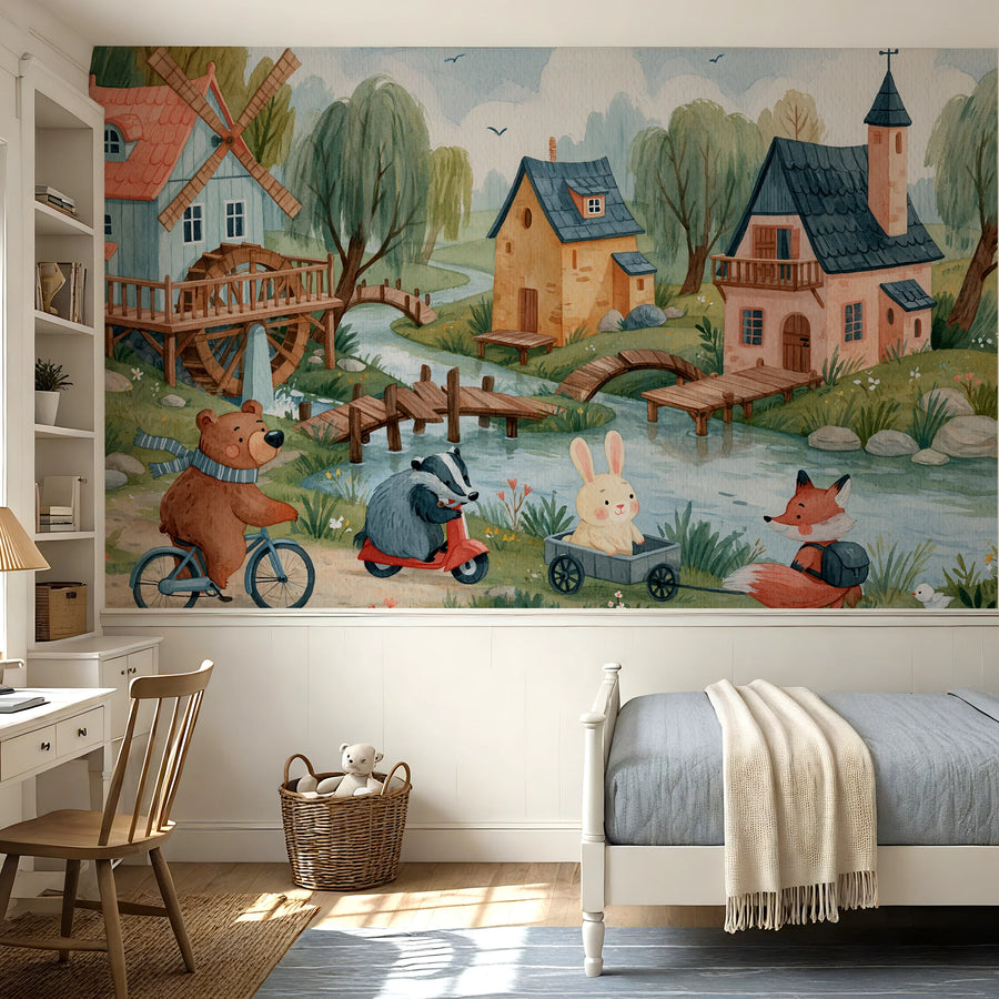 Storybook village nursery wall mural by Uta Naumann with a windmill, river and animals above a bed and wainscoting