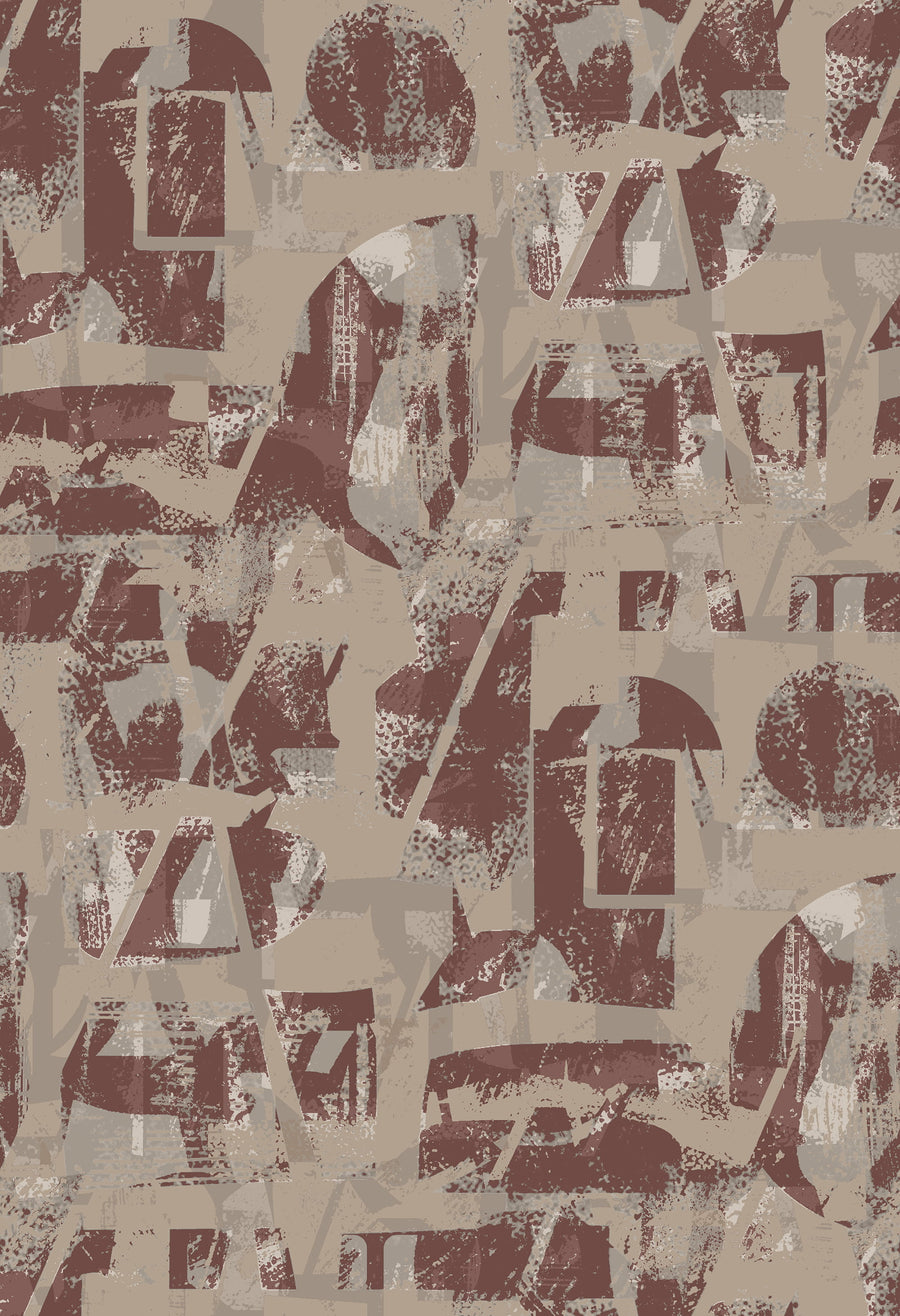 Urban Collage Typography Wallpaper Burgundy Taupe repeating pattern swatch 24W x 35H