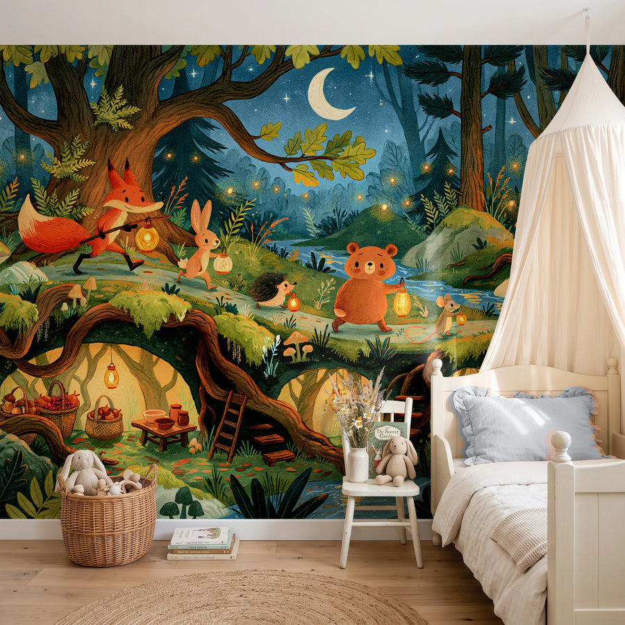 Whimsical forest animals wall mural behind a canopy bed in a child's bedroom