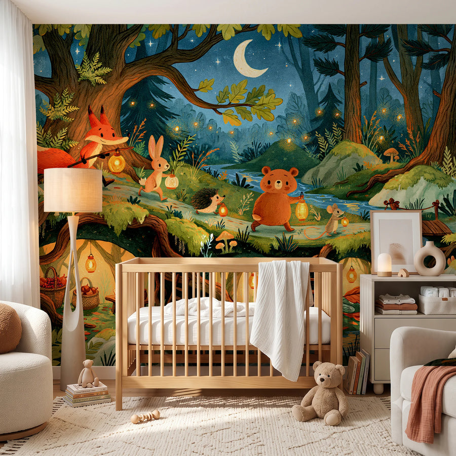 Night forest woodland animals mural behind a wooden crib and floor lamp